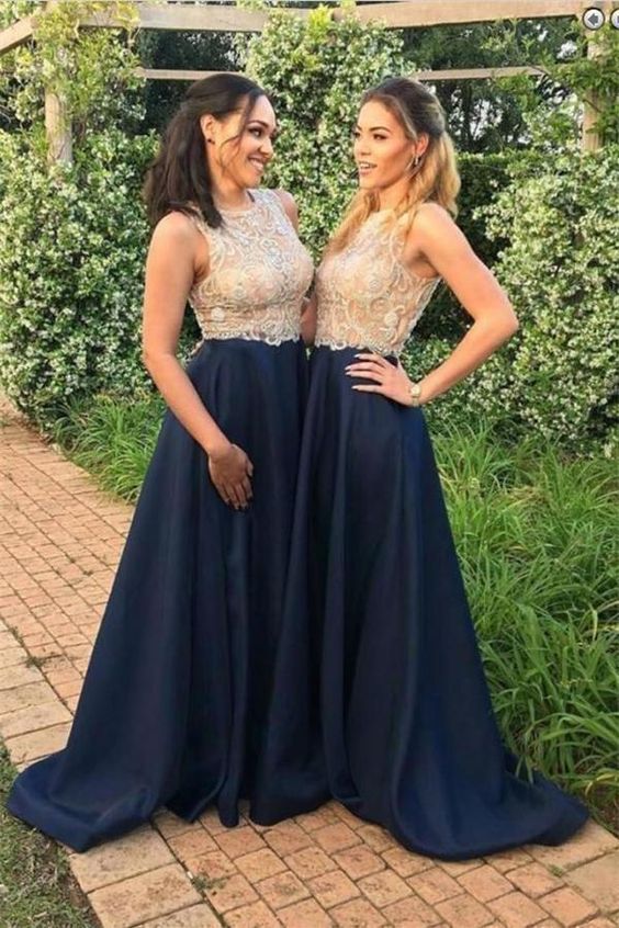 A line High Neck Blue Sleeveless Beads Prom Dresses Satin Bridesmaid Dresses cg7715
