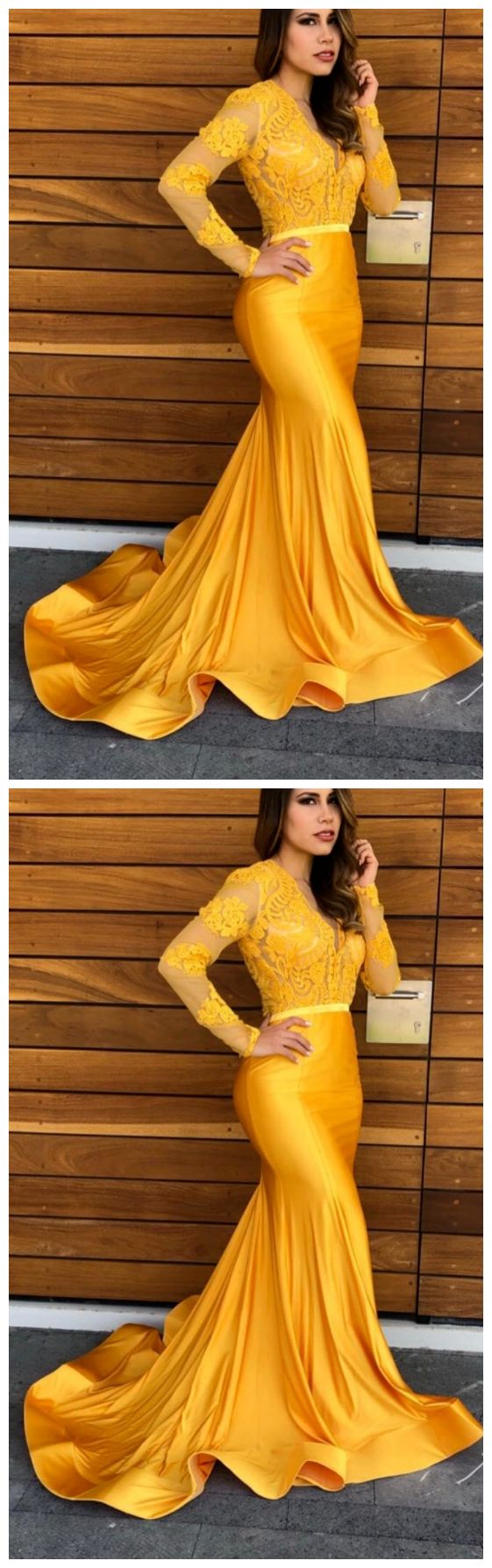 Yellow Lace Mermaid Prom Party Dresses Vintage Sheer Lace V-neck Evening Gowns cg7740