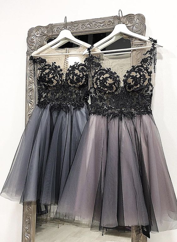 Black lace tulle short homecoming dress, hoco dress cg7775