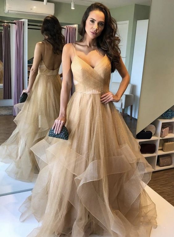 gold tulle long prom dress, evening dress, formal dress cg7779