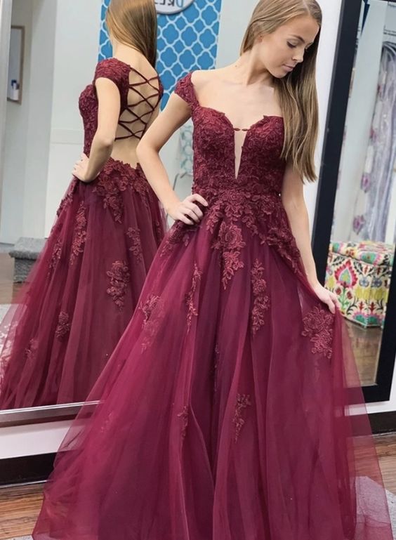 Burgundy lace long prom dress evening dress cg7800