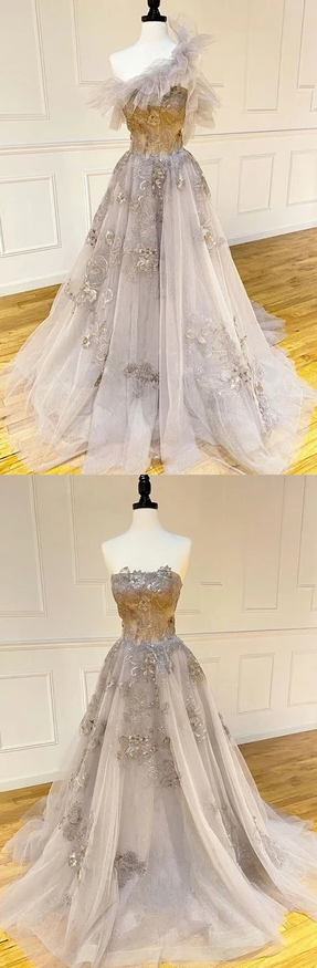 Champagne tulle lace long prom dress lace formal dress cg7807