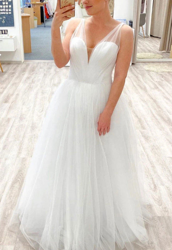 White v neck tulle long prom dress white tulle formal dress cg7822