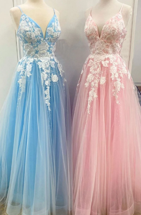 BLUE TULLE LACE LONG PROM DRESS TULLE LACE FORMAL DRESS cg7826