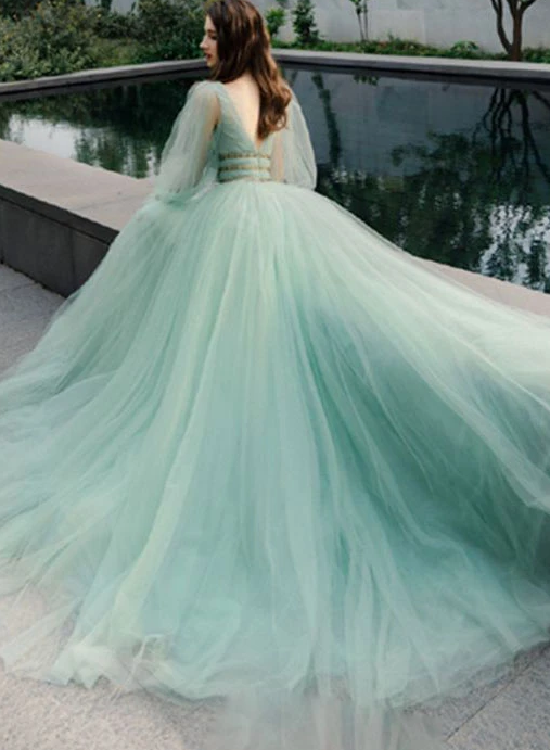 GREEN V NECK TULLE LONG PROM DRESS GREEN EVENING DRESS cg7827