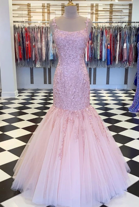 PINK TULLE LACE MERMAID LONG PROM DRESS PINK FORMAL DRESS cg7837