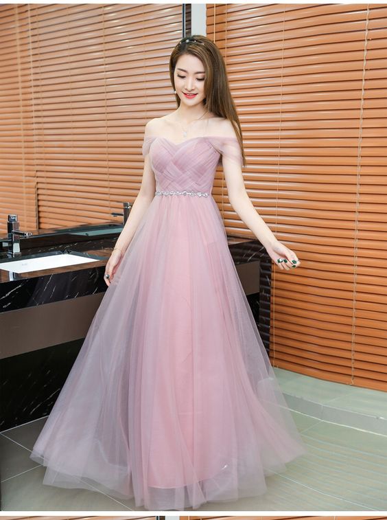 Pink Long Bridesmaid Dress Sweetheart Tulle Pleated Prom Dresse cg7847