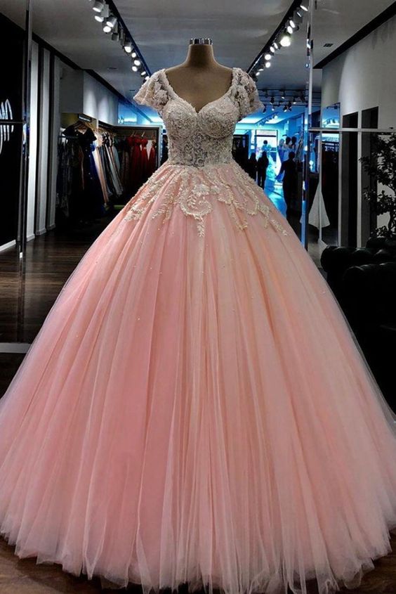 Light Pink Beaded Lace Ball Gown Long Prom Dress V Neck Cap Sleeves Evening Gowns Plus Size Formal Dress cg7865