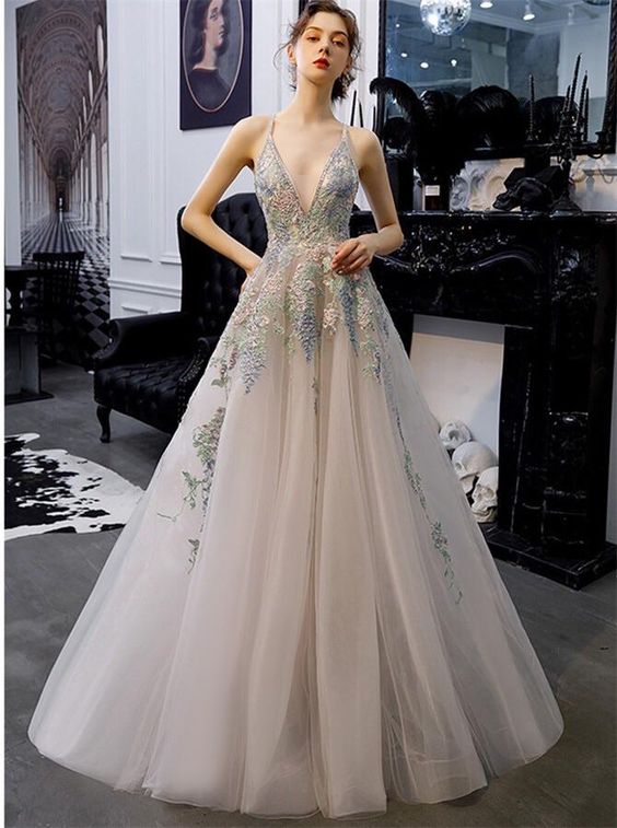 A-Line Tulle Long Prom Dresses Backless Evening Gown With Appliques cg7881