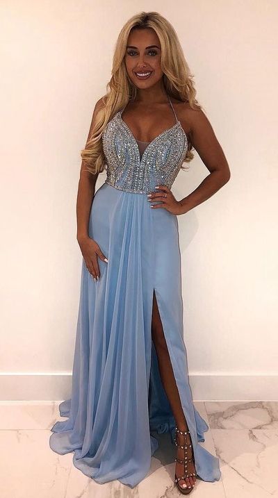 Light blue Prom Dress with Slit, Ball Gown, Evening Dress,Birthday Party Gown cg7904