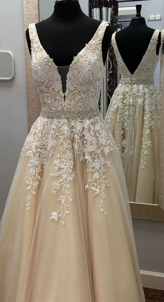 Champagne Gold Lace V Neck Tulle Long Girls Senior Graduate Prom Dress 2020 cg7934