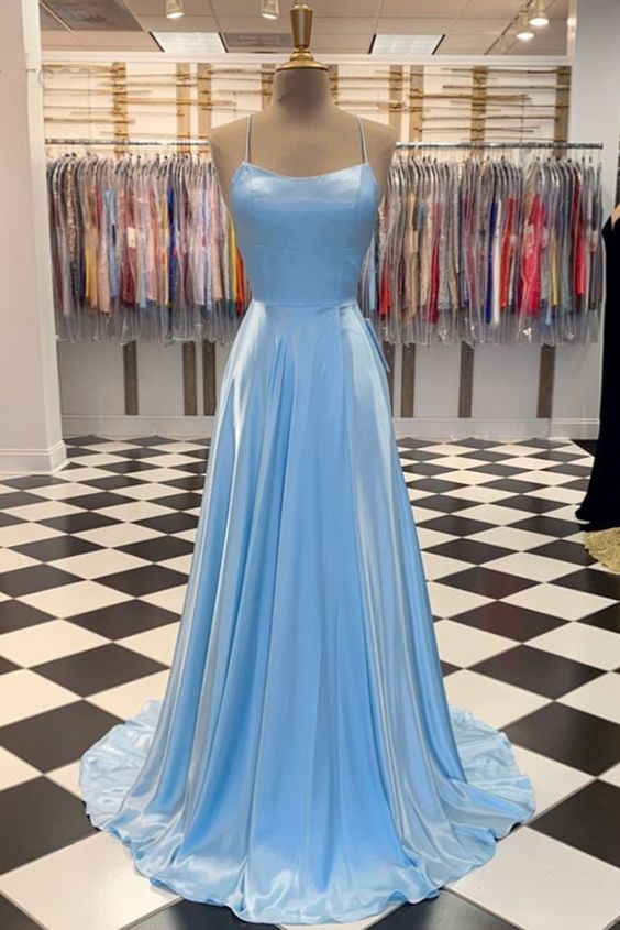Simple Blue Satin Open Back A Line Prom Dress Long Graduation Dress cg7944
