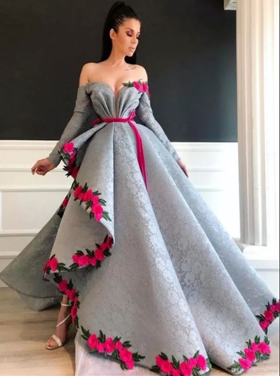 Silver Lace Long Sleeves High Split Prom Dresses cg7954