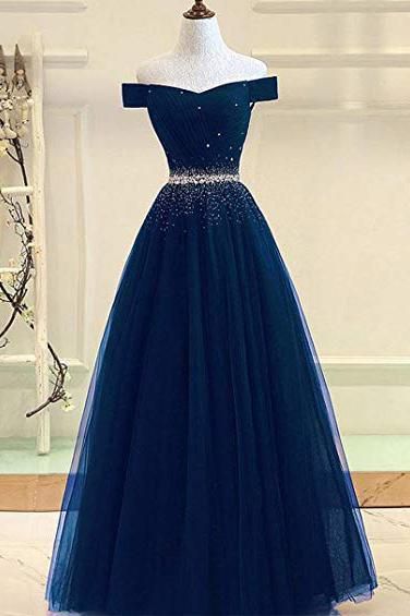 A Line Off the Shoulder Tulle Dark Blue Beads Prom Dresses Long Cheap Evening Dress cg7959
