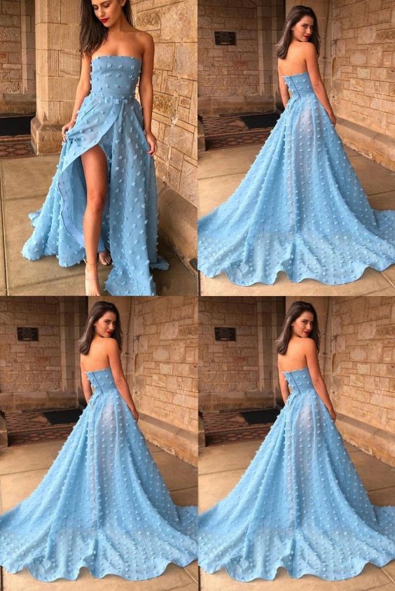 A-Line Strapless Sky Blue Lace High Split Long Prom Dress cg7964