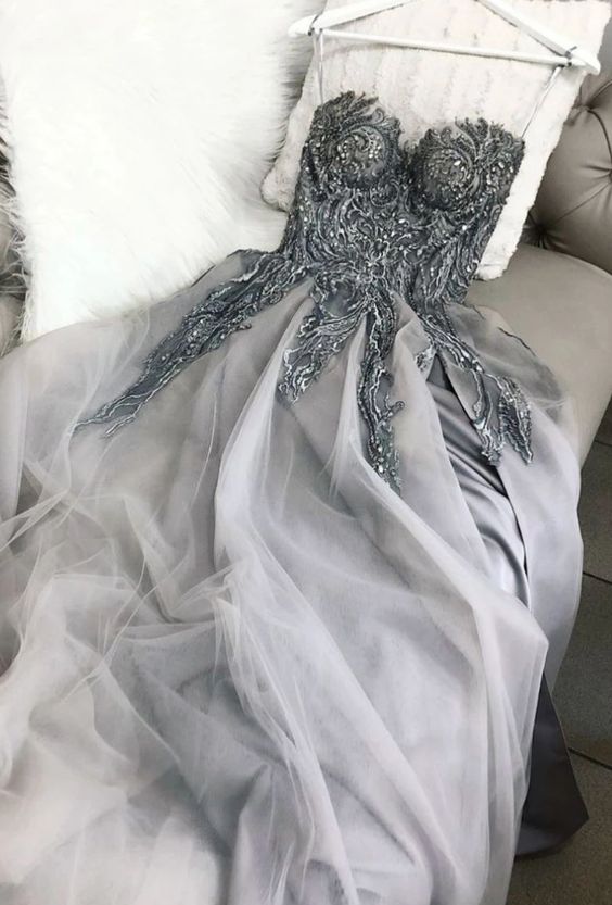 Gray sweetheart tulle lace long prom dress gray tulle formal dress cg7981