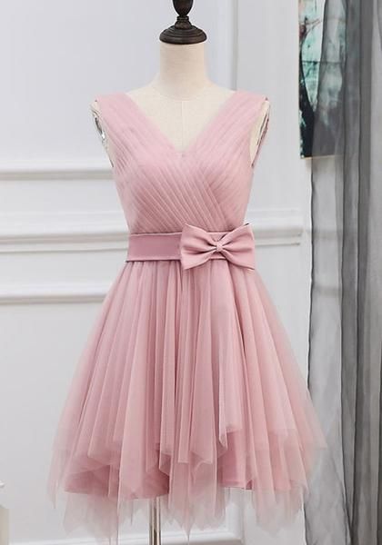 New Women Pink Patchwork Grenadine Irregular Bow V-neck Sleeveless Mini homecoming Dress cg7985