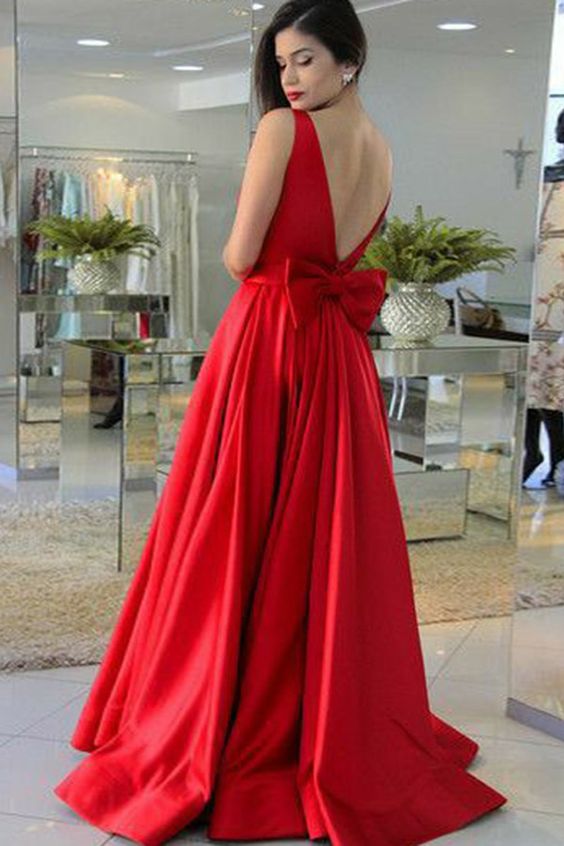 Beautiful Prom Dresses, A-Line Round Neck Red Satin Prom Dress with Bowknot cg8004