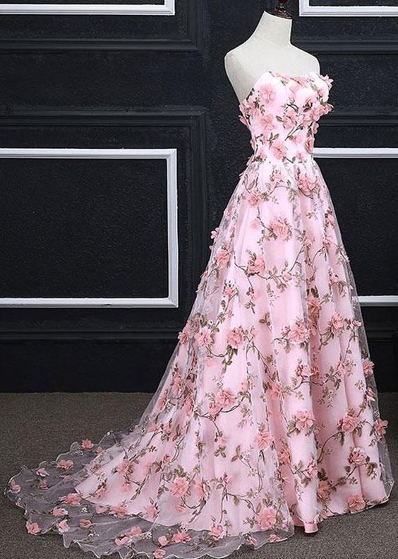 Pink A-line Sweetheart Strapless Sweep Train Floral Print Long Lace Prom Dresses with flowers cg8007
