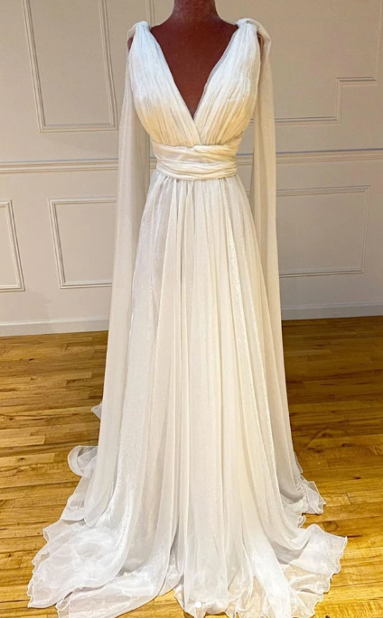 WHITE V NECK CHIFFON LONG PROM DRESS WHITE FORMAL DRESS cg8017
