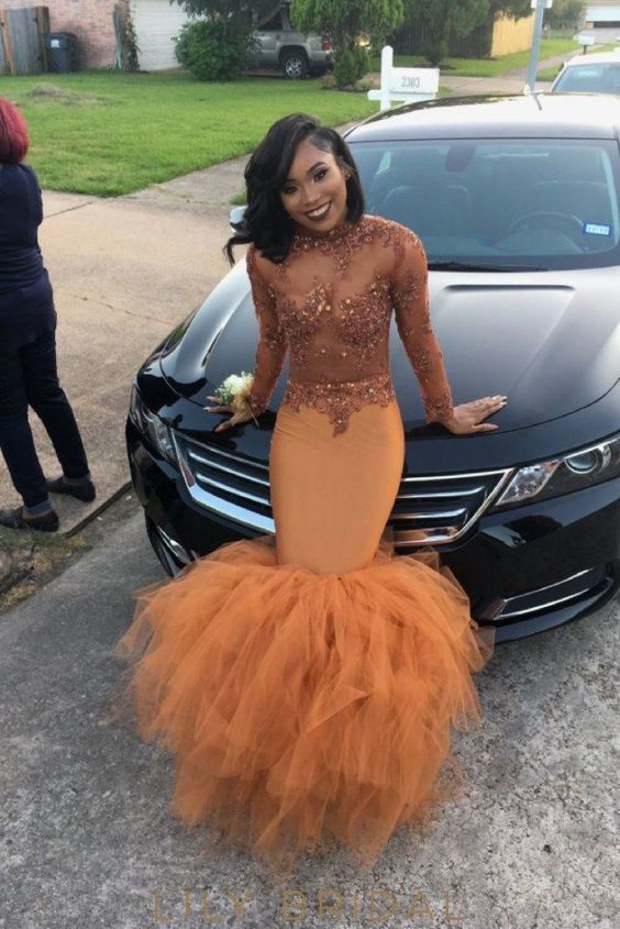 Tulle Long Sleeves High Neck Beads Appliques Dust Orange Mermaid Prom Dress cg8043