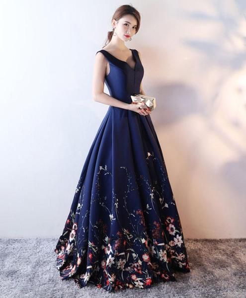 Navy Blue Satin and Floral Floor Length Party Gowns, Prom Dresses cg8046