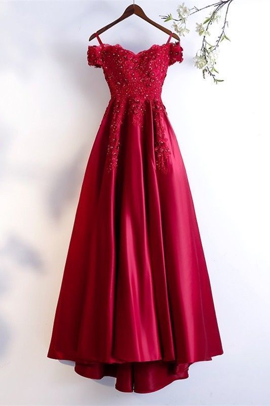 Elegant Off The Shoulder Beaded Red A Line Prom Evening Dress With Appliques cg8062