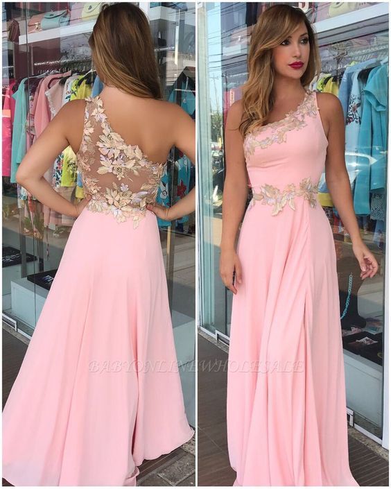 Pink One-Shoulder Sleeveless Floor-Long Flowers Prom Dress cg8095
