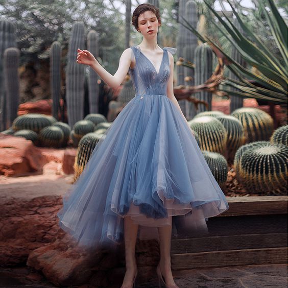 Blue v neck tulle short prom dress, blue evening dress cg8120