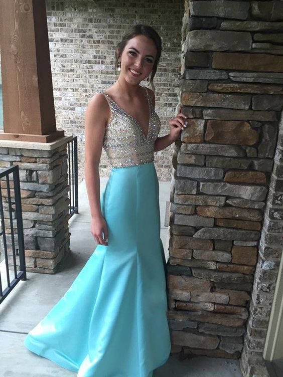 Sexy V neck Blue Mermaid Prom Dresses, Beaded Wedding Party Gowns, Long Evening Dress cg8141