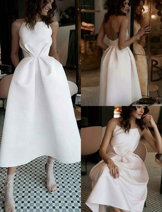 A-Line Spaghetti Straps Backless Tea-Length White Prom Dress With Pockets cg8151