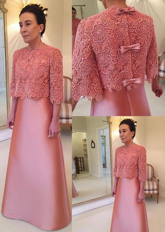 Wedding Dress Simple, Modest Satin & Lace Jewel Neckline A-line Mother Of The Bride prom Dress cg8168