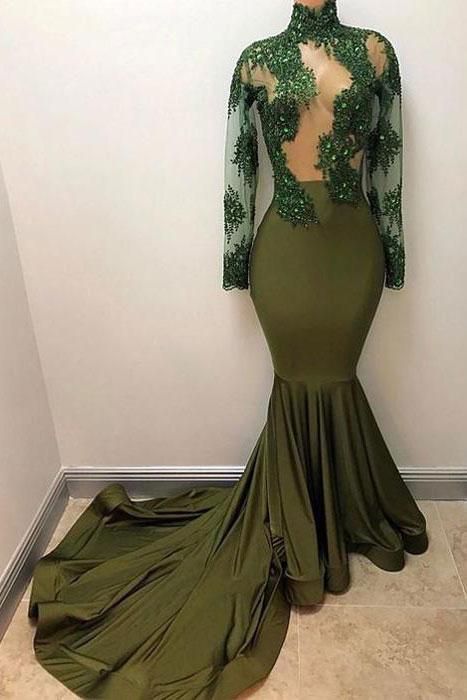 Green lace mermaid long prom dress, green evening dress cg8181