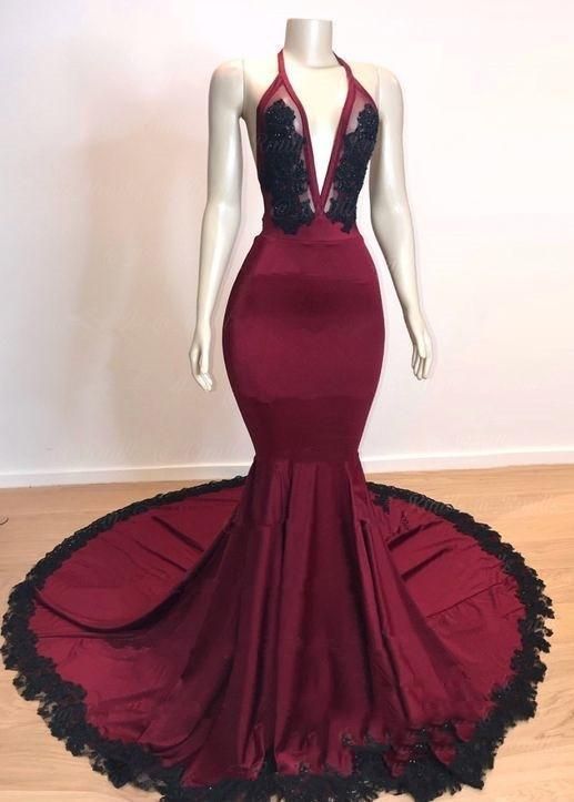 Prom Dress Classy, Sexy Mermaid V Neck Backless Burgundy And Black Long Prom Dress cg8186