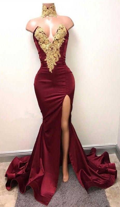 Gorgeous Burgundy Mermaid Prom Dresses Gold Lace Appliques Side Slit Evening Gowns cg8214