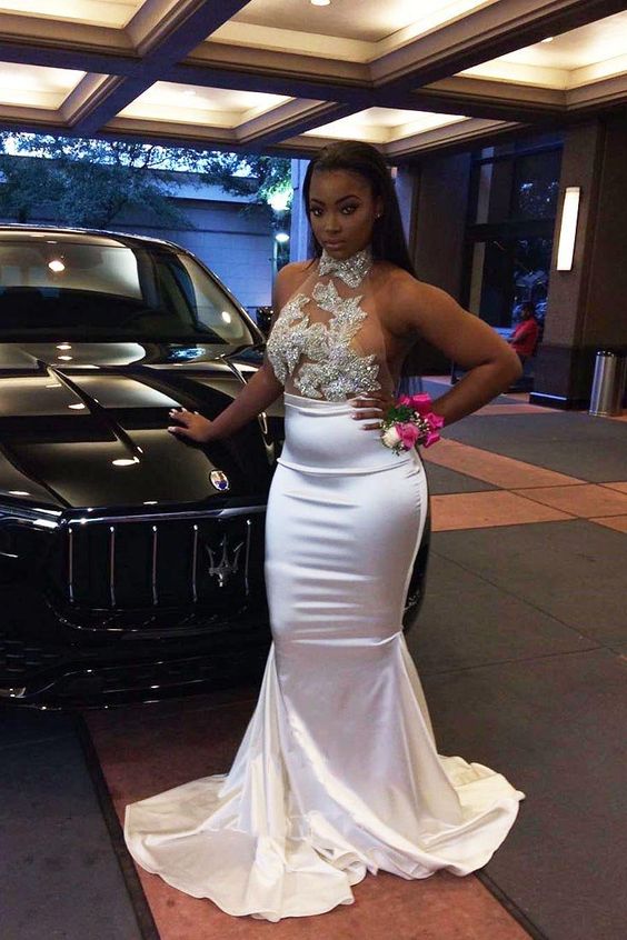 2020 Sexy Mermaid White Backless Elastic Satin High Neck Long Prom Dresses With Appliques cg8215