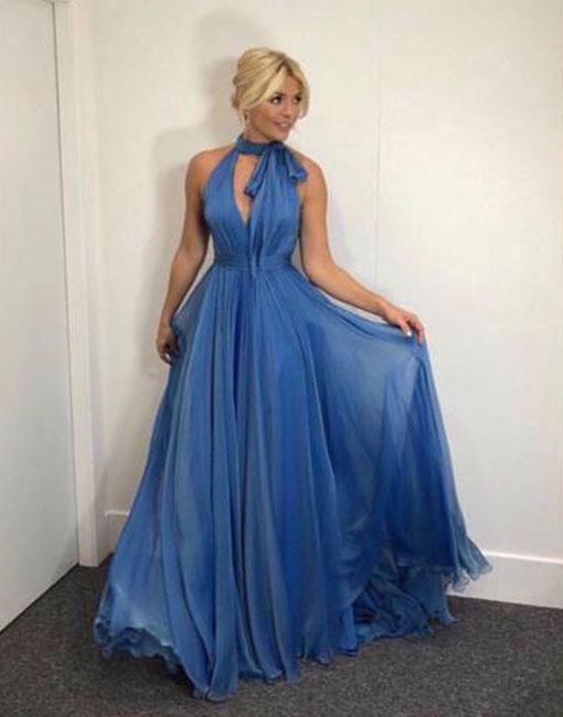Simple v neck blue chiffon long prom dress, blue evening dress cg8224
