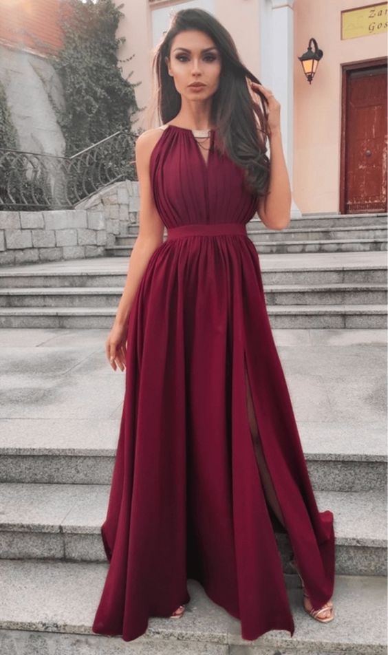 Unique A Line V Neck Burgundy Long Prom Dresses with Split, V Neck Burgundy Formal Dresses cg8284
