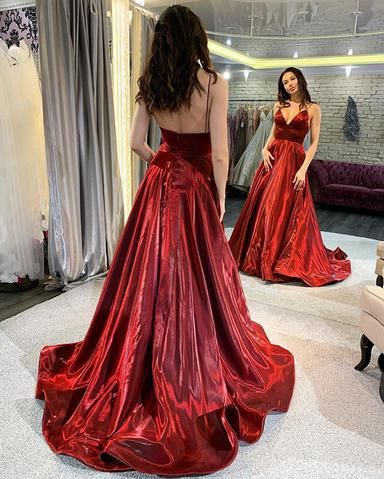 Shiny Spaghetti Straps Wine Prom Dresses Long 2020 cg8289