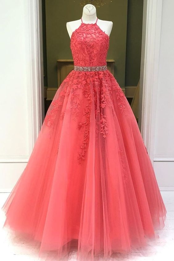 Stylish Backless Coral Lace Long Prom Dress, Coral Lace Formal Graduation Evening Dress cg8319