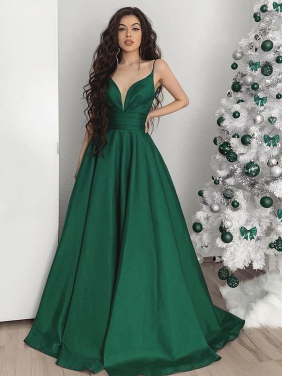 A Line V Neck Emerald Green Long Prom Dresses, Green V Neck Long Formal Evening Dresses cg8364