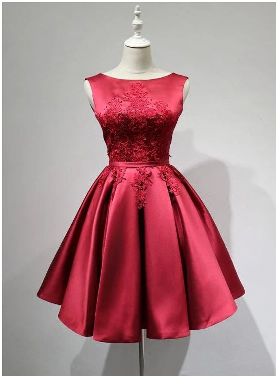 Lovely Dark Red Homecoming Dress, Round Neckline Satin Party Dress cg8387