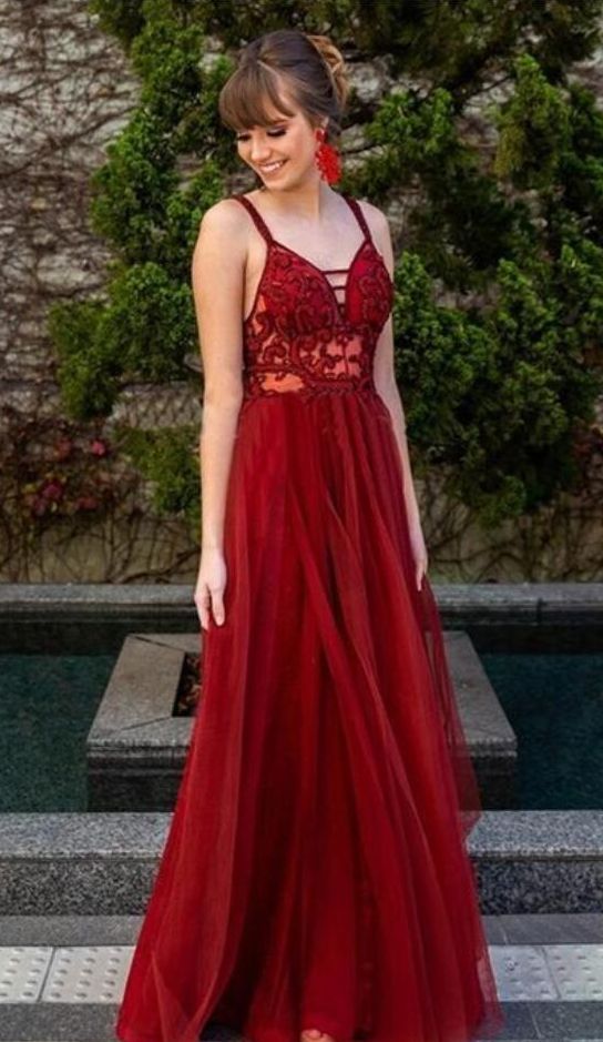 Charming Spaghetti Straps Tulle Appliques Prom Dress, Sleeveless Evening Party Dress cg8393