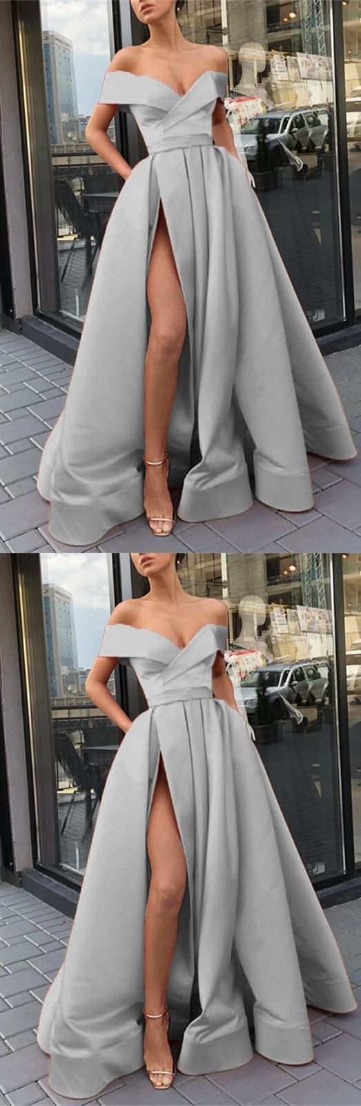 Long Silver Satin Split Evening Dresses Off The Shoulder Prom Dress cg8400