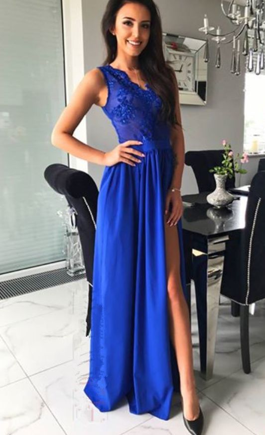 High Slit Royal Blue Long Evening Dress, Appliques Prom Party Gown cg8402