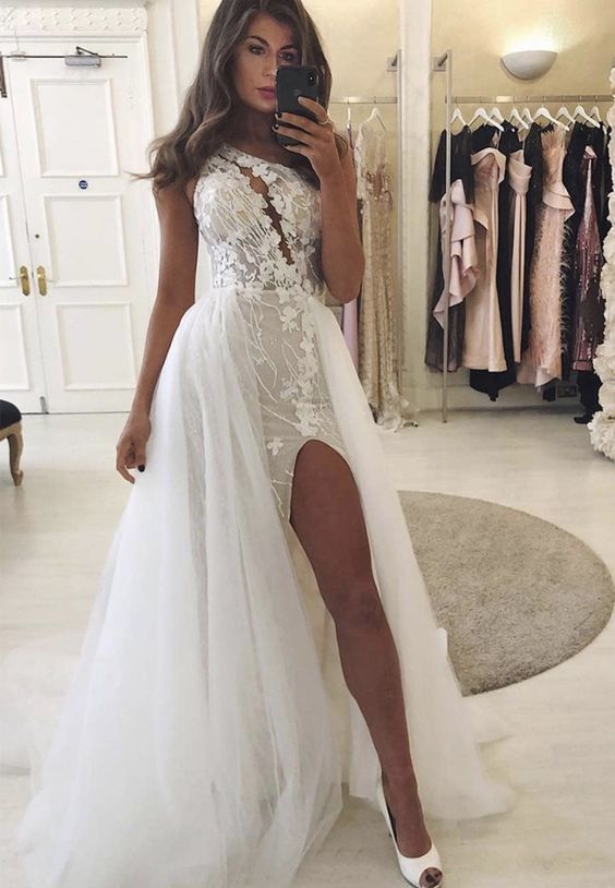 white lace long prom dress, evening dress, formal dress cg8408