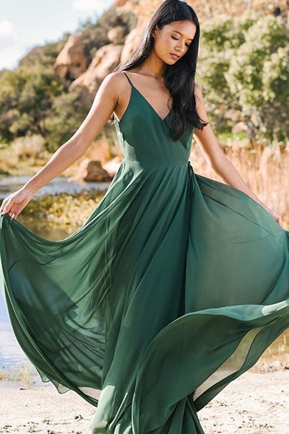 Green Floor Length Prom Dress , V Neck Prom Dress cg8410