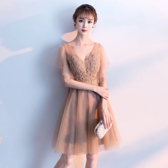 V-neck party dress tulle party dress champagne homecoming dress cg8428