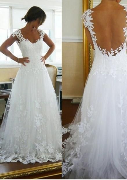 A-Line Lace White Straps Wedding Dresses,See-through Sleeveless prom dress cg8432