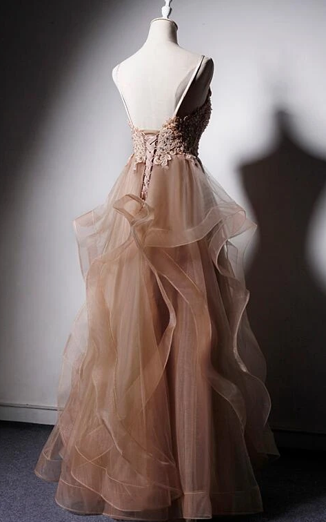 High Quality Tulle V-Neclike Long Prom Dress, Lace Applique Straps Party Dress cg8437